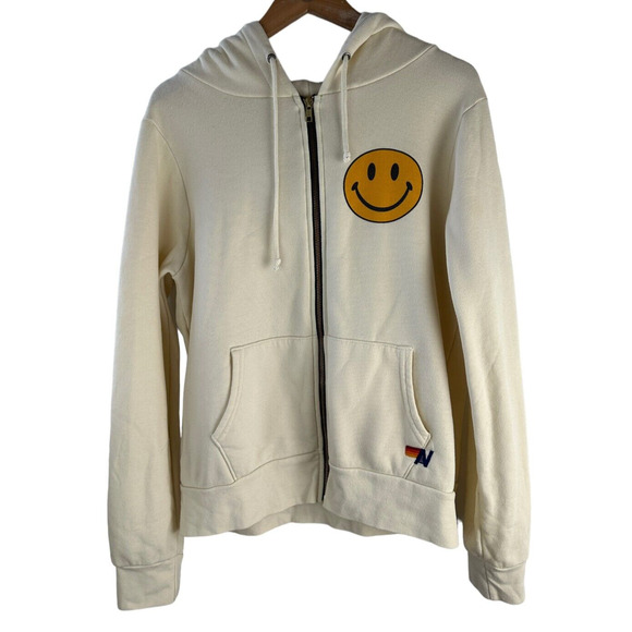 Aviator Nation Smiley Face Full Zip Hoodie Jacket Cream Long Sleeve Size Large - Picture 5 of 15